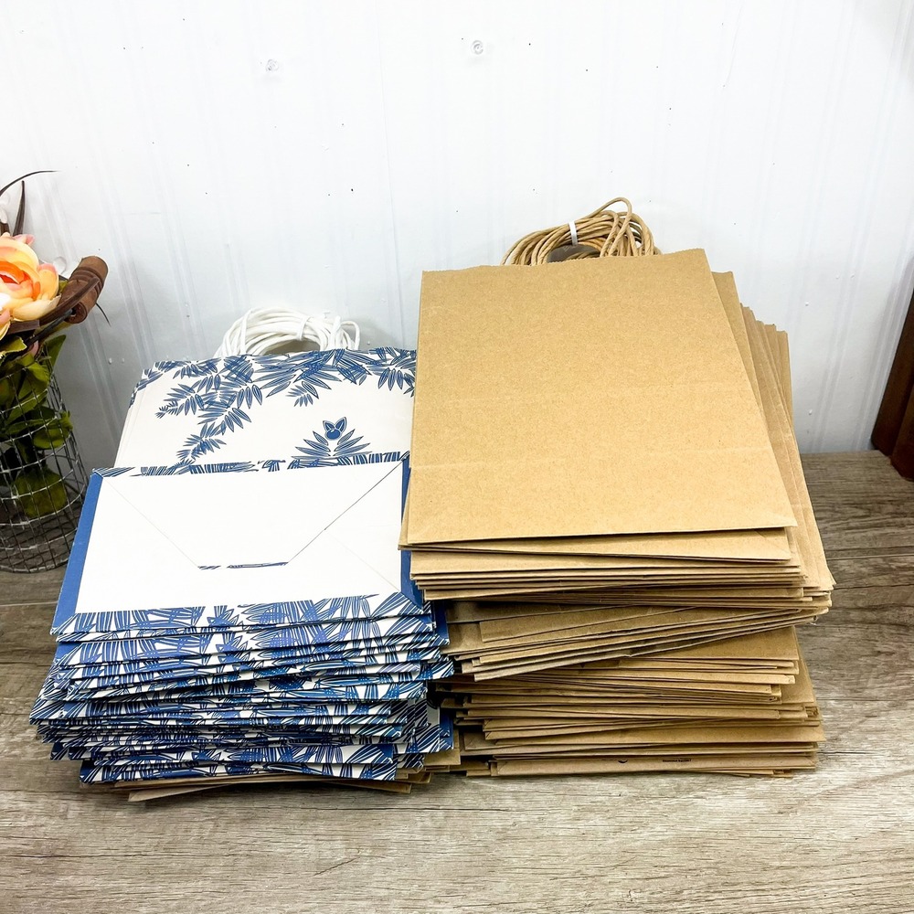 170pc Paper Shopping Bag Lot 140 Brown Kraft 30 Palm Berries Logo Blue White